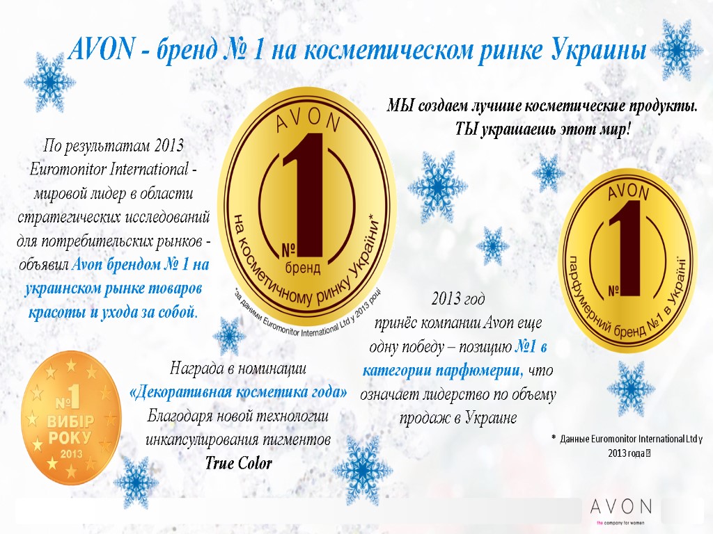 AVON - бренд № 1 на косметическом ринке Украины По результатам 2013 Euromonitor International